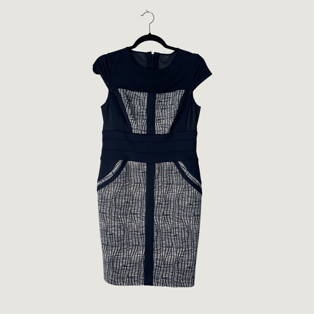 Cache Sheath Dress Womens 8 Navy Blue White Mesh Panel Textured Mixed Media Chic